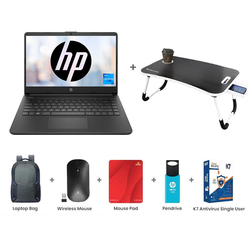 Picture of HP - Intel Celeron Dual Core N4500 14" (35.6 cm) 14s-dq3141TU Thin and Light Laptop (8GB/  512GB SSD/ Full HD Display/ Intel UHD Graphics/ Windows 11 Home/ Jet Black keyboard/ Anti-Glare/ MS Office/ 1 Year Warranty/ Jet Black/ 1.5Kg) with Laptop Table + Laptop Bag + Wireless Mouse + Mouse Pad + Pendrive + K7 Antivirus Single User